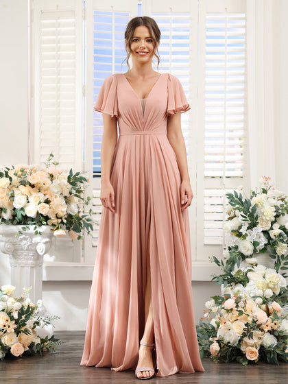 Vestidos de Dama de Honra Em Chiffon com Decote Em V Profundo e Mangas Curtas Divididas